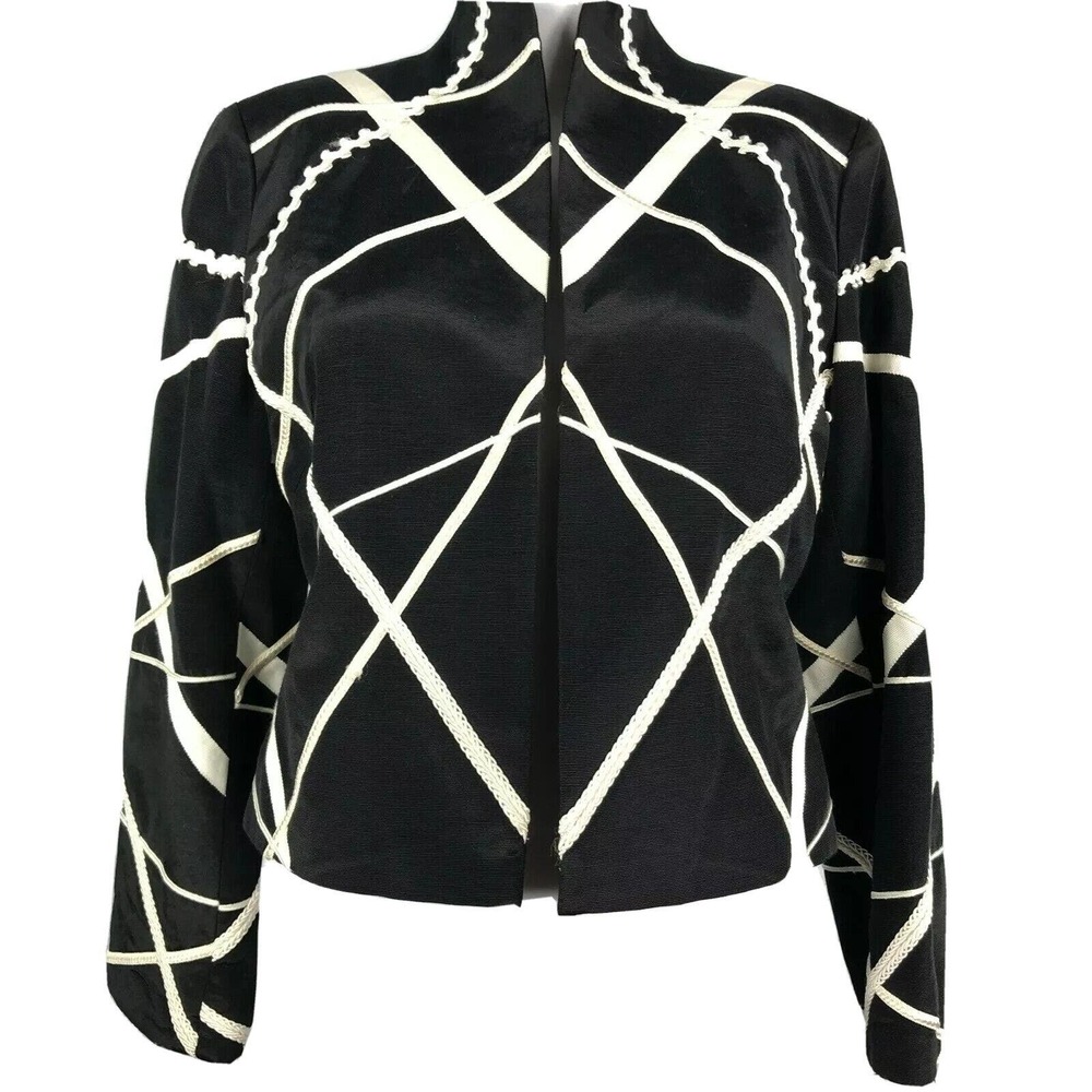 Linda Hutton‎ Jacket Womens Sz 6 Black White Ribbon Applique Open Front Blazer